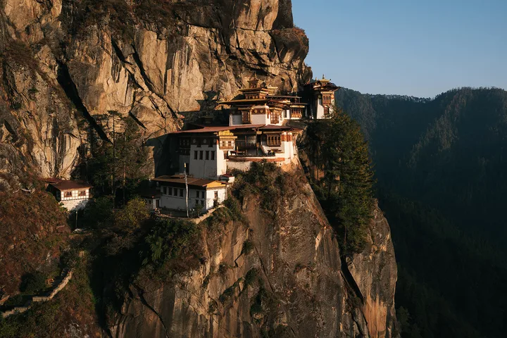 Paro Taktsang, the Tiger's Nest monastery, set into a cliffside in Bhutan